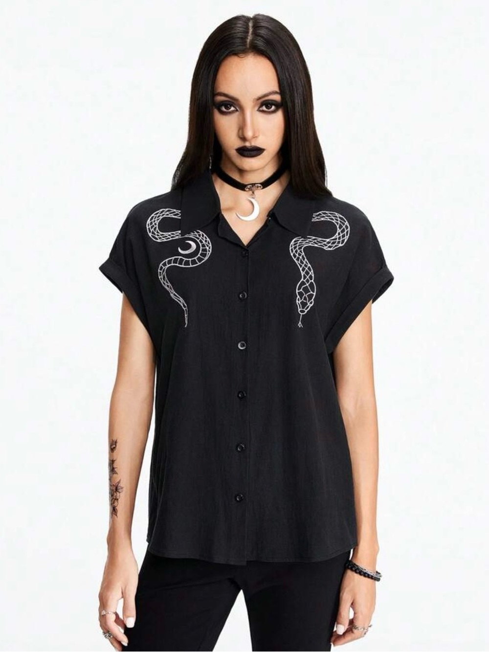 Embroidered Snake Batwing Sleeveless Button Down Gothic Blouse 100% Cotton